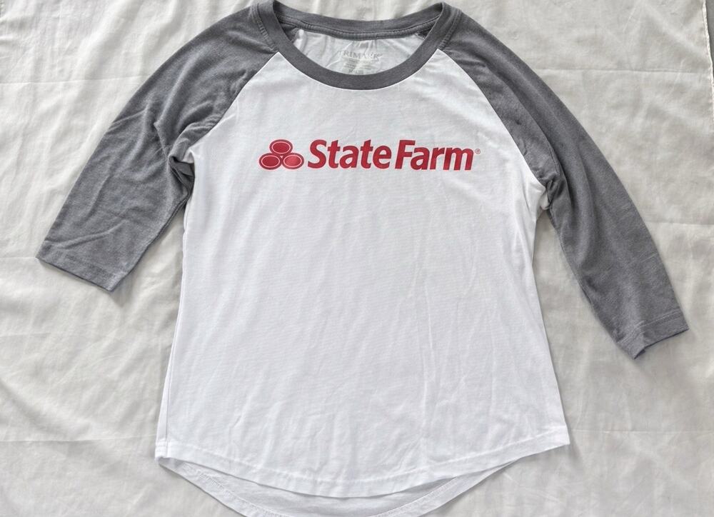 State Farm Women’s Raglan Long Sleeve Small White Red Logo Tee 24” L 16” Width